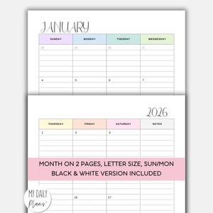 Calendario mensual 2026 imprimible, rayado, tamaño carta (descarga digital)