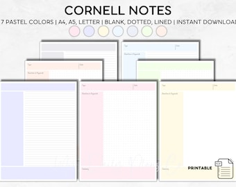 Printable Lecture notes, Cornell notes template, Student notebook digital , Note taking paper, pastel, A4, A5, Letter, instant download,PDF