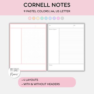 Lecture Notes Pastel Colors, Cornell method, Student notes, A4 & US Letter (PDF Download)