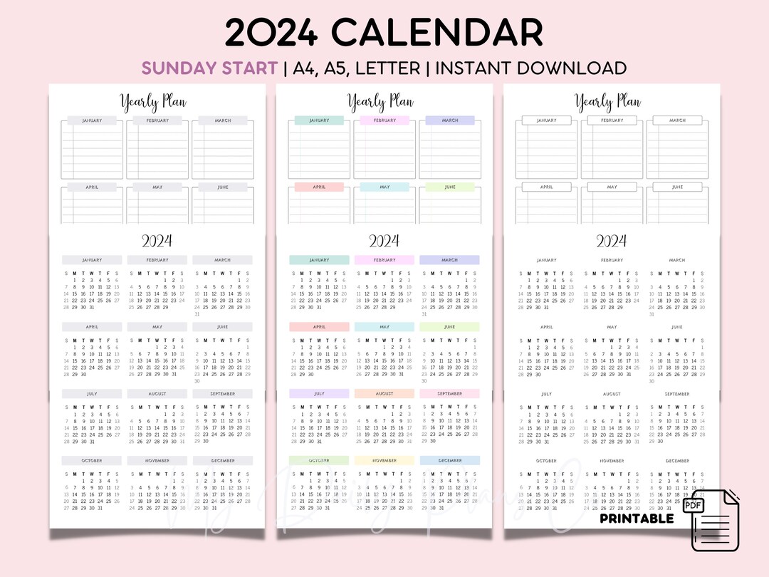 2024 Calendar Printable Year at a Glance One Page Calendar - Etsy Portugal