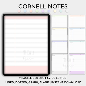 Wydrukowane notatki z wykładów, szablon notatek Cornell, cyfrowy notatnik akademicki ucznia, papier do robienia notatek pastelowy A4 Letter, natychmiastowe pobieranie pliku PDF