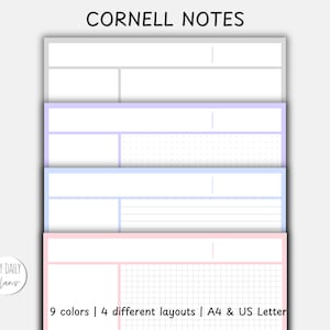 May include: A stack of Cornell Notes templates in various pastel colors. The top of the image reads "CORNELL NOTES". The templates include different layouts and are available in 9 colors, A4, and US Letter sizes. The "MY DAILY Plans" logo is in the bottom left corner.