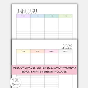 Planificador semanal imprimible para todo el año 2026, calendario minimalista tamaño carta estadounidense (descarga en PDF)