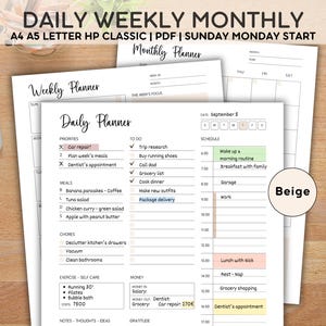 Planificador diario semanal mensual imprimible, páginas del planificador de vida, lista de tareas pendientes, organizador del día laboral, horario horario, carta A4 A5 HP classic PDF