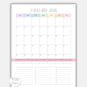 2026 Monthly Calendar Printable: Rainbow or Minimalist, US Letter & A4 (Instant Download)
