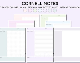 Printable Lecture notes, Cornell notes template, Student notebook digital , Note taking paper, pastel, A4, A5, Letter, instant download, PDF