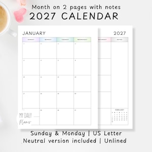 May include: A 2027 calendar layout spanning two pages for each month, featuring a grid for daily entries, a dedicated notes section, and a small February 2027 reference calendar. The text reads Month on 2 pages with notes 2027 CALENDAR.