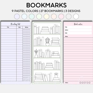 Marcadores de livros para estante para impressão Rastreador de registro de leitura Página para colorir Diário de leitura Lista de anotações de livro Resenha de livro Cartão de biblioteca Marcador, PDF