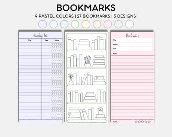 Könnte beinhalten: Drei pastellfarbene Lesezeichen mit verschiedenen Designs. Die Lesezeichen umfassen eine Leseliste, ein Bücherregal und Notizen zu Büchern. Der Text auf dem Bild lautet "BOOKMARKS" und "9 PASTEL COLORS | 27 BOOKMARKS | 3 DESIGNS."