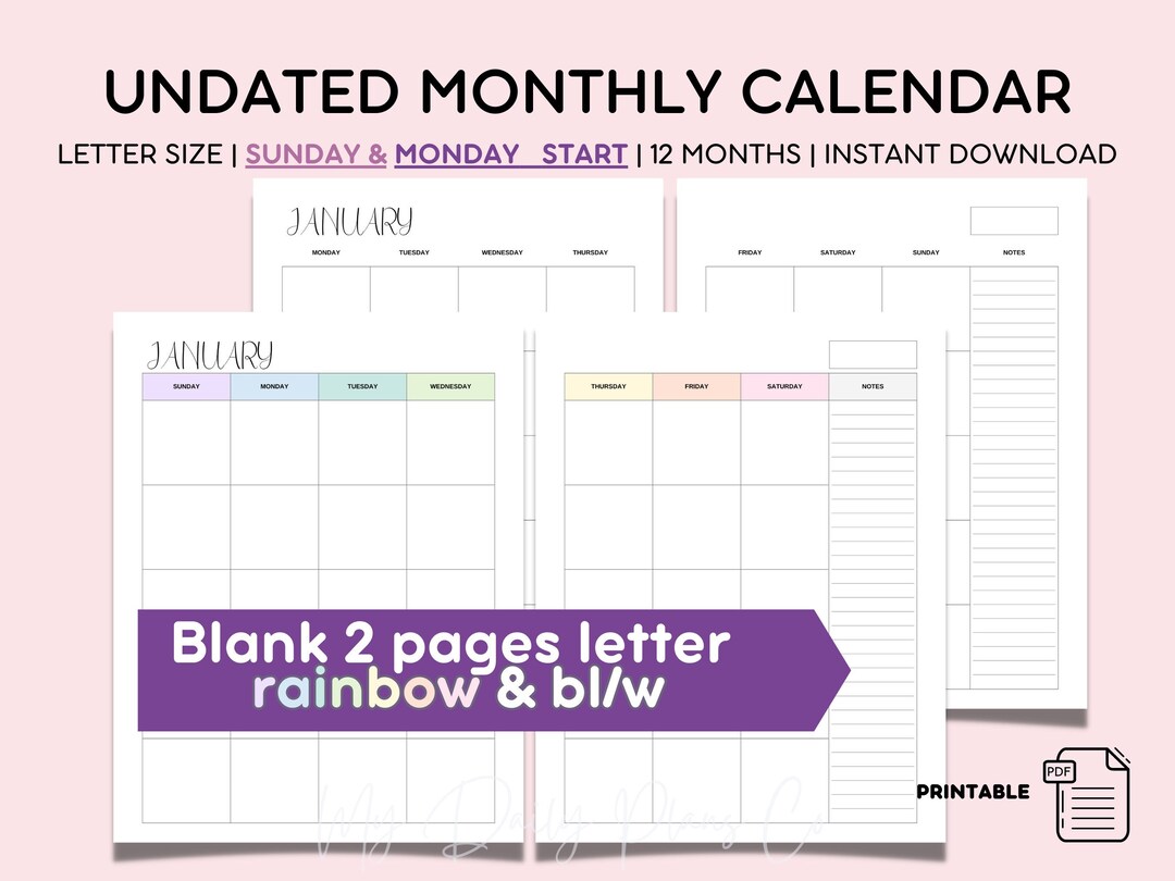 Printable Blank Monthly Calendar Minimal Pastel Undated - Etsy