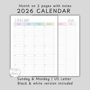 2026  Full Year, Monthly Calendar on 2 pages Printable, Lined, Letter Size (Digital Download)