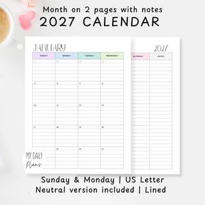 Puede incluir: Un diseño de calendario 2027 que abarca dos páginas con formato de mes en dos páginas. La cuadrícula presenta encabezados de domingo a miércoles en la primera página y sábado y una sección de notas en la segunda. El texto incluye Month on 2 pages with notes 2027 CALENDAR, MY DAILY PLANS y Sunday & Monday | US Letter Neutral version included | Lined.
