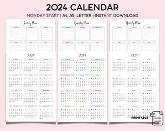2024 Calendar Printable, Year at a Glance | One Page Calendar | Instant Digital Download | Planner Insert | US Letter, A4, A5 | Monday start
