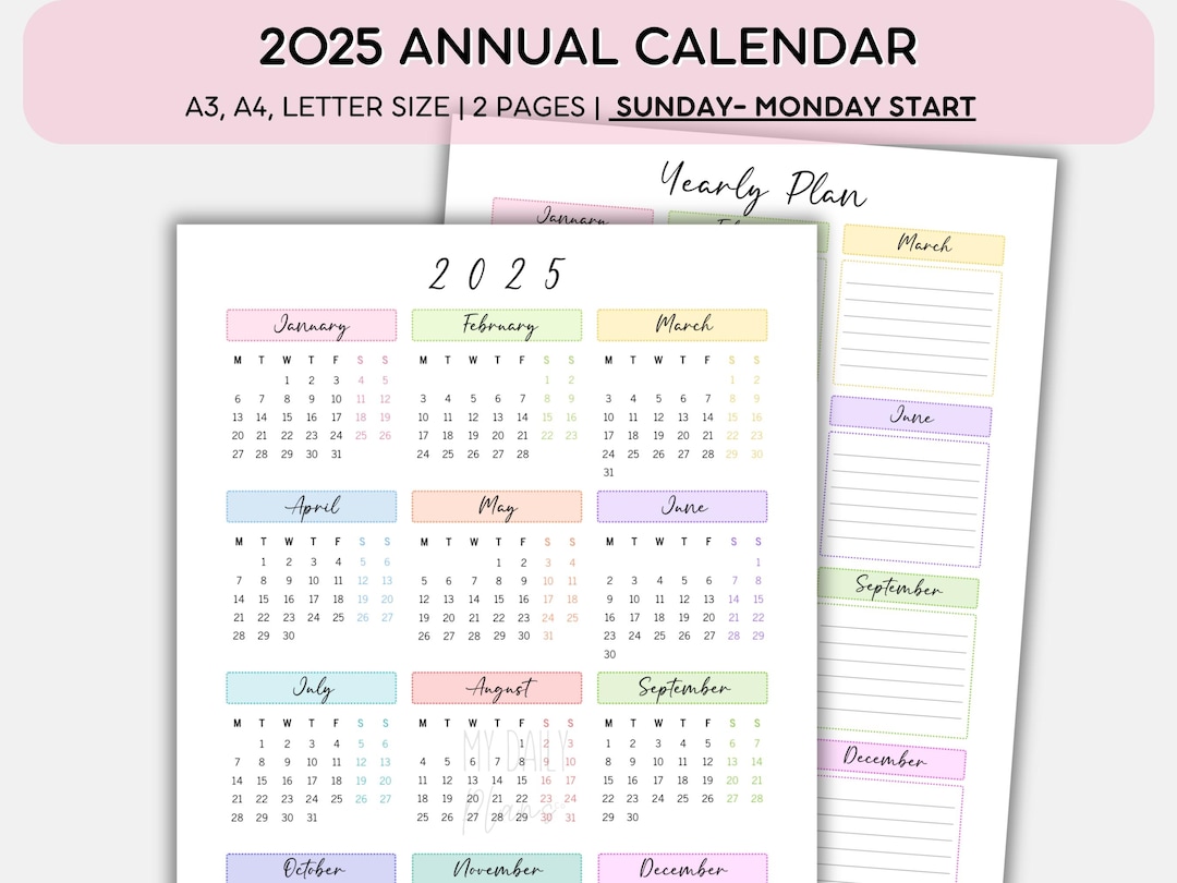 2025 Annual Calendar Printable Year at a Glance, Yearly Planner on One ...