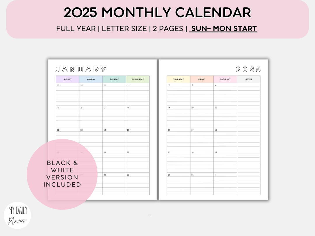 Printable 2025 Monthly Calendar Lined, Dated Month on 2 Pages Portrait ...