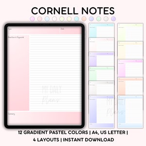 Wydrukowane notatki z wykładów Szablon systemu Cornell, cyfrowy notatnik akademicki ucznia, papier do robienia notatek, pastel A4, list, natychmiastowe pobieranie pliku PDF