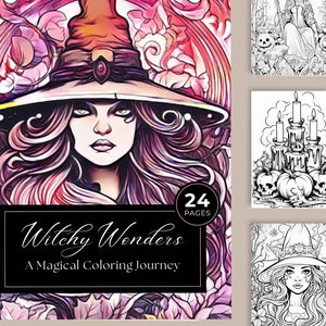 24 Halloween Witchy Coloring Pages- Instant Download, Printable PDF, Grayscale Coloring Page, Adult Fantasy Coloring Book, Halloween Gift