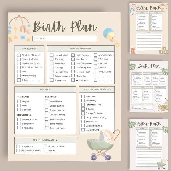 Birth Plan Template- Child Birth Printable, Visual Birth Plan, Customizable Instant Download, Editable Templates, Childbirth Education