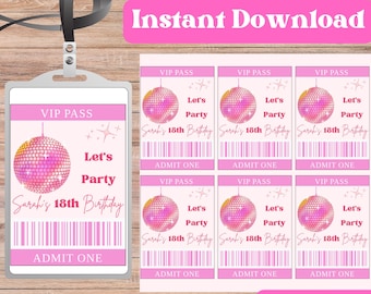 VIP Party Pass Badge Disco In My Birthday Era- Personalizable Instant Download VIP Party Pass Pink Template Disco VIP Badge for Lanyards