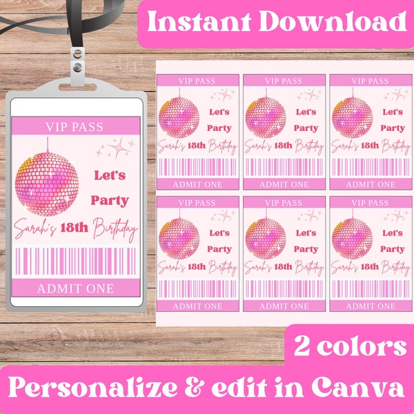 VIP Party Pass Badge Disco In My Birthday Era- Personalizable Instant Download VIP Party Pass Pink Template Disco VIP Badge for Lanyards