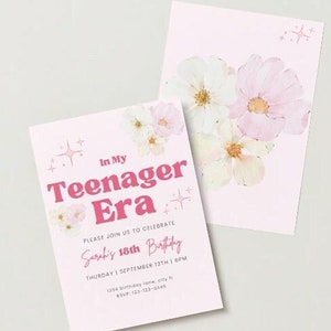 In My Teenager Era Einladungsvorlage – druckbare Einladungen, sofortiger Download, bearbeitbare Geburtstagskarte, Einladung zum Ende einer Ära, sanftes Blumenthema