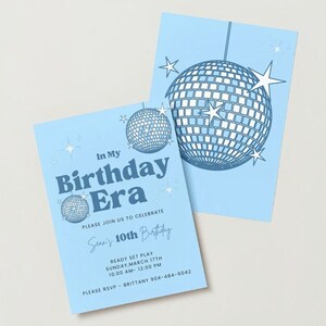 Modelo de convite da era do meu aniversário - convites para impressão, download instantâneo Cartão de aniversário de menino editável Convite do fim de uma era Disco retrô azul