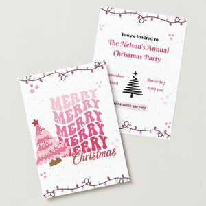 Modelo de convite de festa de Natal retrô rosa - Pinkmas Trabalho Convite de festa de Natal para impressão Convite digital para download instantâneo Cartão de Natal