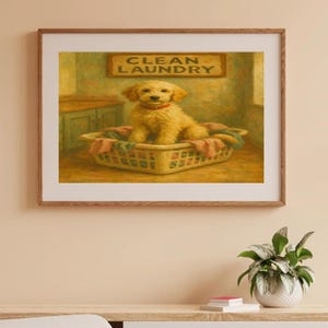 Golden Doodle Dog Art Print – Vintage Laundry Room Wall Decor, Funny Pet Illustration, Whimsical Clean Laundry Gift