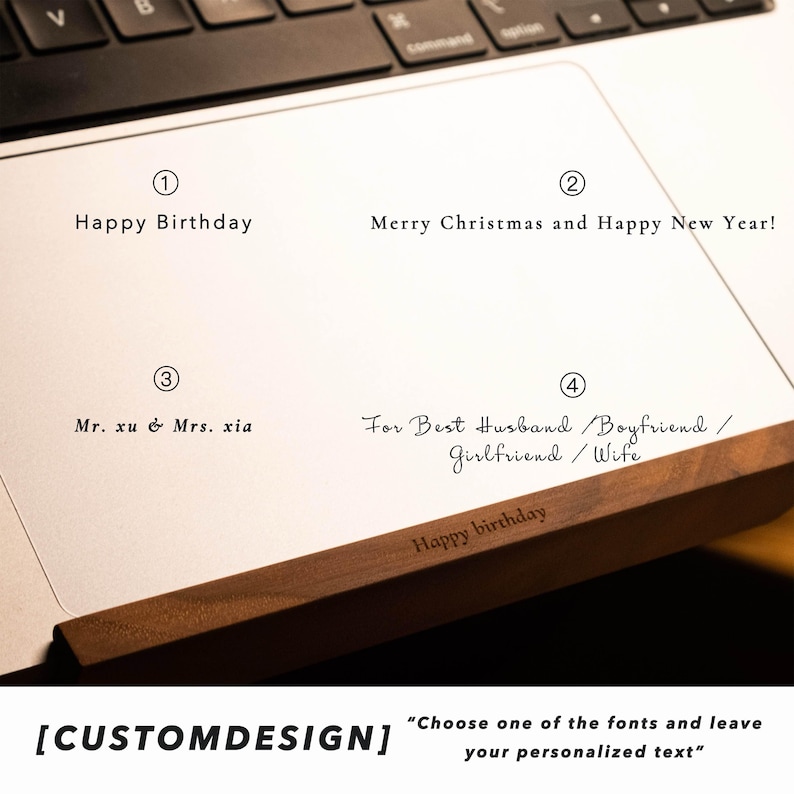 Display of LOOMMA laptop stand customization options featuring four different font styles for personalization, illustrating the variety and flexibility in design choices.