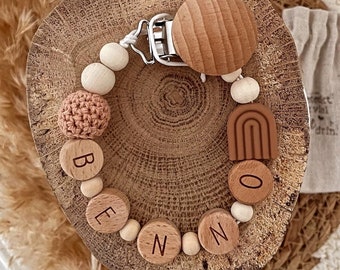 Pacifier chain with name personalized gift birth wooden beads wooden letters rainbow boho baby gift brown beige