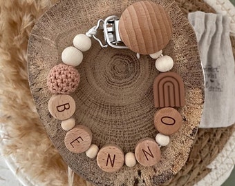 Cadena de chupete regalo personalizado nacimiento cuentas de madera letras de madera arco iris beige marrón boho naturaleza
