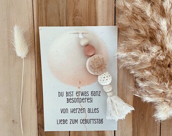 Schlüsselanhänger Anhänger Holz Perlen Natur Geschenk Accessoires Boho Geburtstag Besonderer Mensch Geburtstagskarte Lotusblume