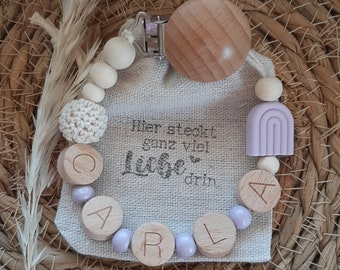 Schnullerkette Personalisiert Geschenk Geburt Holzperlen Holzbuchstaben Regenbogen Flieder Namen Mädchen Jungen Baby