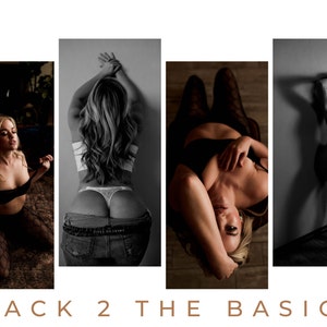 May include: A collage of four black and white photographs featuring a person in various poses. The images include a person wearing lingerie, jeans, and fishnet stockings. The text "BACK 2 THE BASICS" is at the bottom.