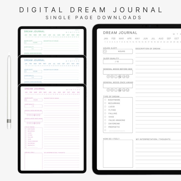 Journal de rêve numérique, Journal de rêve réutilisable d’une seule page, Journal de rêve Goodnotes, Journal de rêve imprimable, Journal de rêve iPad, 4 couleurs