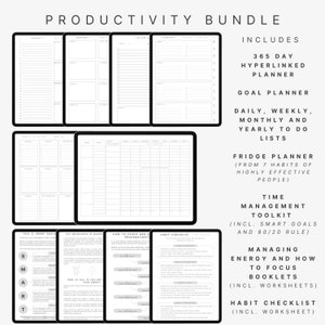 Könnte beinhalten: Ein Produktivitätspaket mit einem schwarz-weißen Design. Das Paket beinhaltet einen 365-Tage-Hyperlink-Planer, einen Zielplaner, tägliche, wöchentliche, monatliche und jährliche To-Do-Listen, einen Kühlschrankplaner, ein Zeitmanagement-Toolkit, Broschüren zur Energieverwaltung und Konzentration sowie eine Gewohnheitscheckliste.