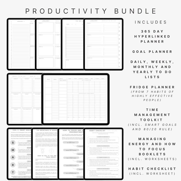 Digital Productivity Bundle. Planner, Goals, ToDo Lists, Calendar, Time Management Self Improvement Worksheets Workbook, Goodnotes Printable