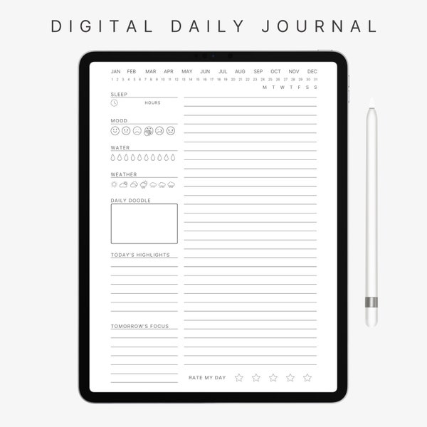 Digitales Tagebuch, 365 verknüpfte Seiten, GoodNotes Journal, druckbares Tagesblatt, minimalistisches iPad Journal, verknüpftes Journal