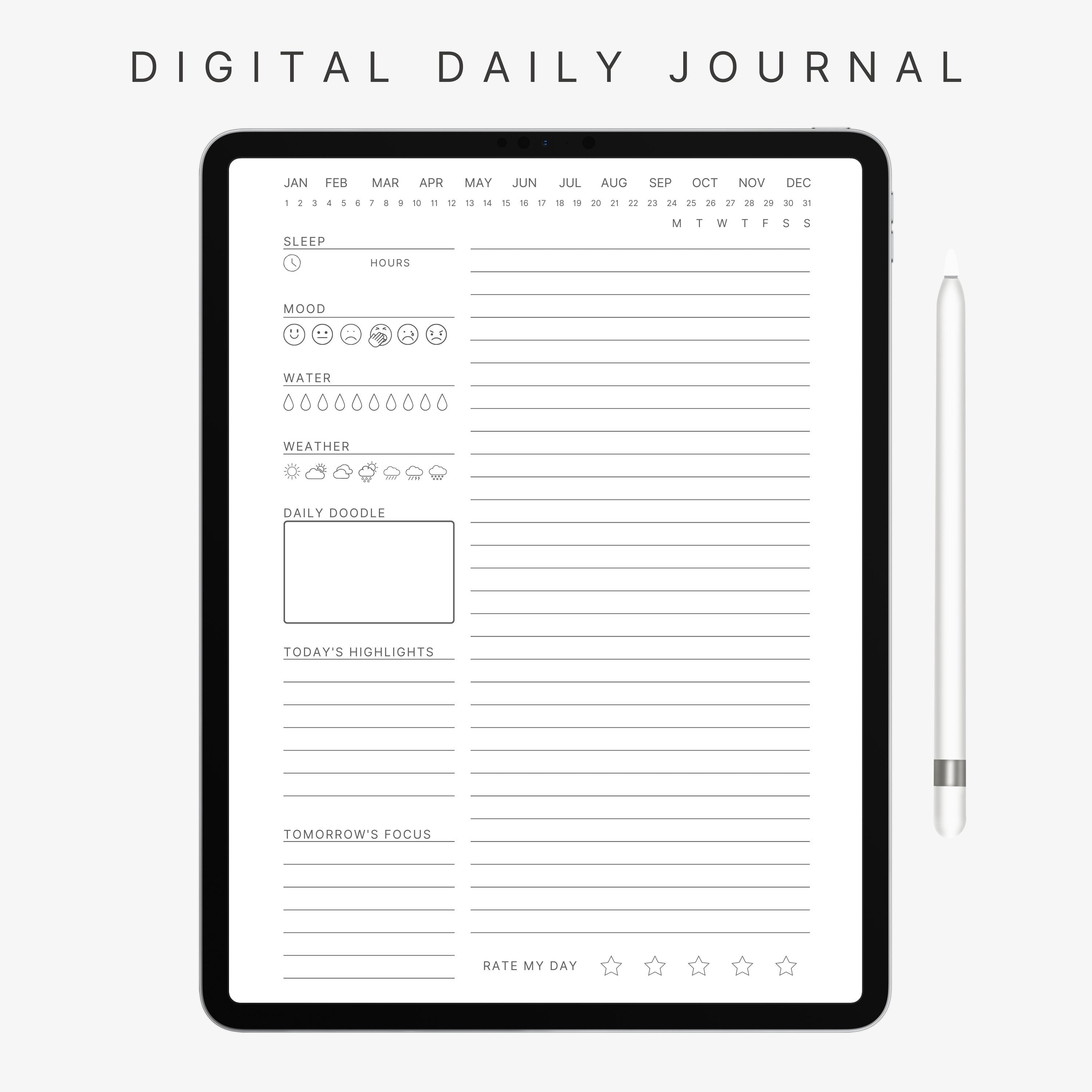 Digital Daily Journal, 365 Hyperlinked Daily Pages, GoodNotes Journal, Printable Daily Journal, Minimalist iPad Journal, Hyperlinked Journal