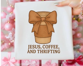 Jesus Coffee and Thrifting PNG, Christian Coffee Cup Clipart with Bow