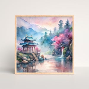 Japanese Wall Art Cherry Blossoms Print of Sakura Painting Gift Nature Spring Cherry Blossom Home Decor Japan Landscape Painting Pink Print