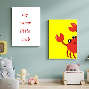 Set van 2 krab kunst aan de muur, krab print, strand kinderkamer decor, kust woondecoratie, schattige babydieren, kinderkamer decor, kinderkamer decor