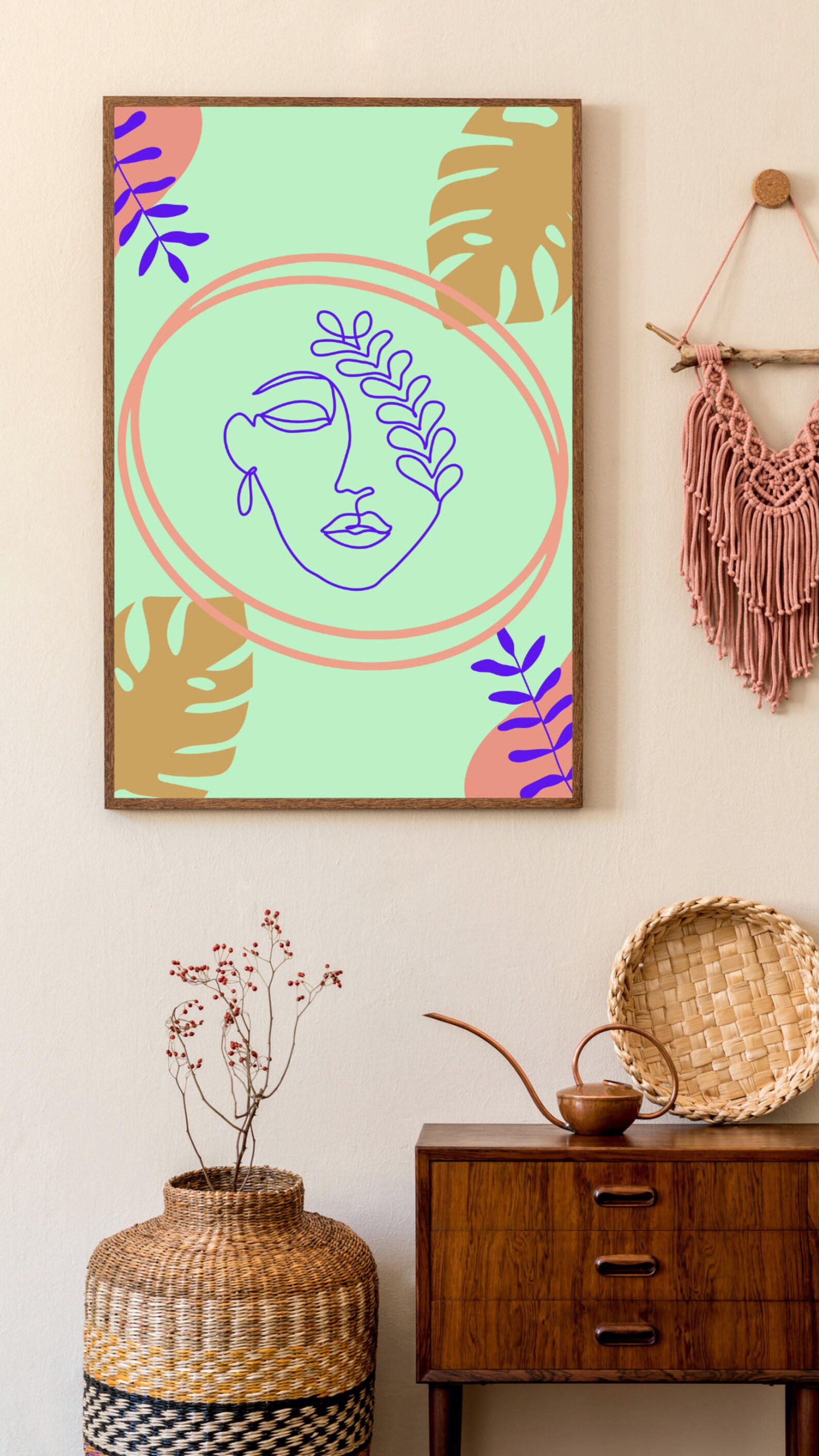 Boho Woman Art Print, Woman Line Art, Flower Wall Art, Boho Floral ...