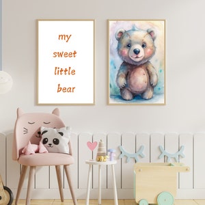Set of 2 Nursery Bear Wall Art Print, Gender Neutral Woodland Nursery, Animal Print for Kids Room Decor, Playful Children’s Decor, DIGITAL