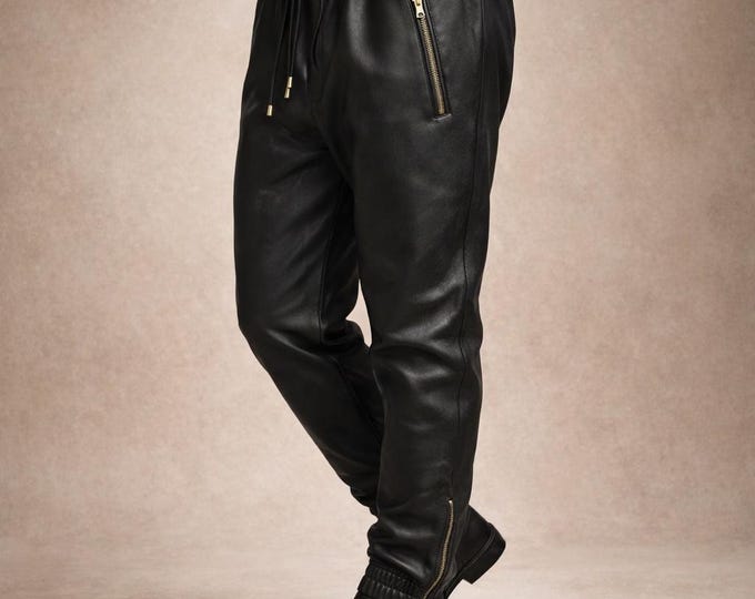 Men’s Genuine Lambskin Leather Joggers – Slim Fit Track Style Pants with Gold Zipper