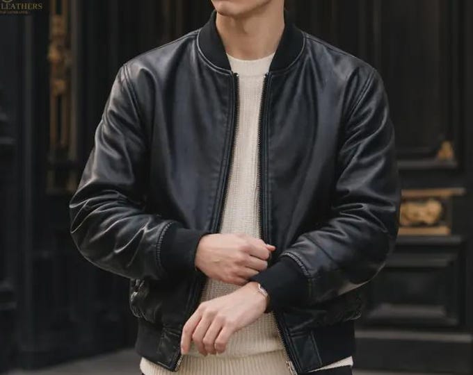 Men's Vintage Black Leather Bomber Jacket Genuine Lambskin 90s Retro Streetwear Casual Lightweight Coat