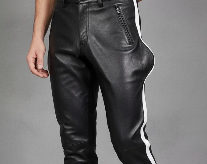 Leather Jodhpurs Breeches Genuine Lambskin Leather Pants White Stripes
