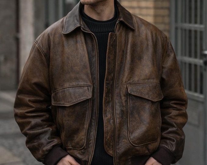 Aviator A-2 Flight Jacket Distressed Brown Real Lambskin Leather Bomber Jacket