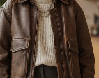 Vintage Distressed Brown Lambskin Leather Bomber Jacket - Women's Aviator Style