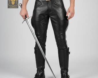 Men's Real Leather Breeches - Police Style Jodhpurs Pants with Zipper Pockets - All Colors & Sizes